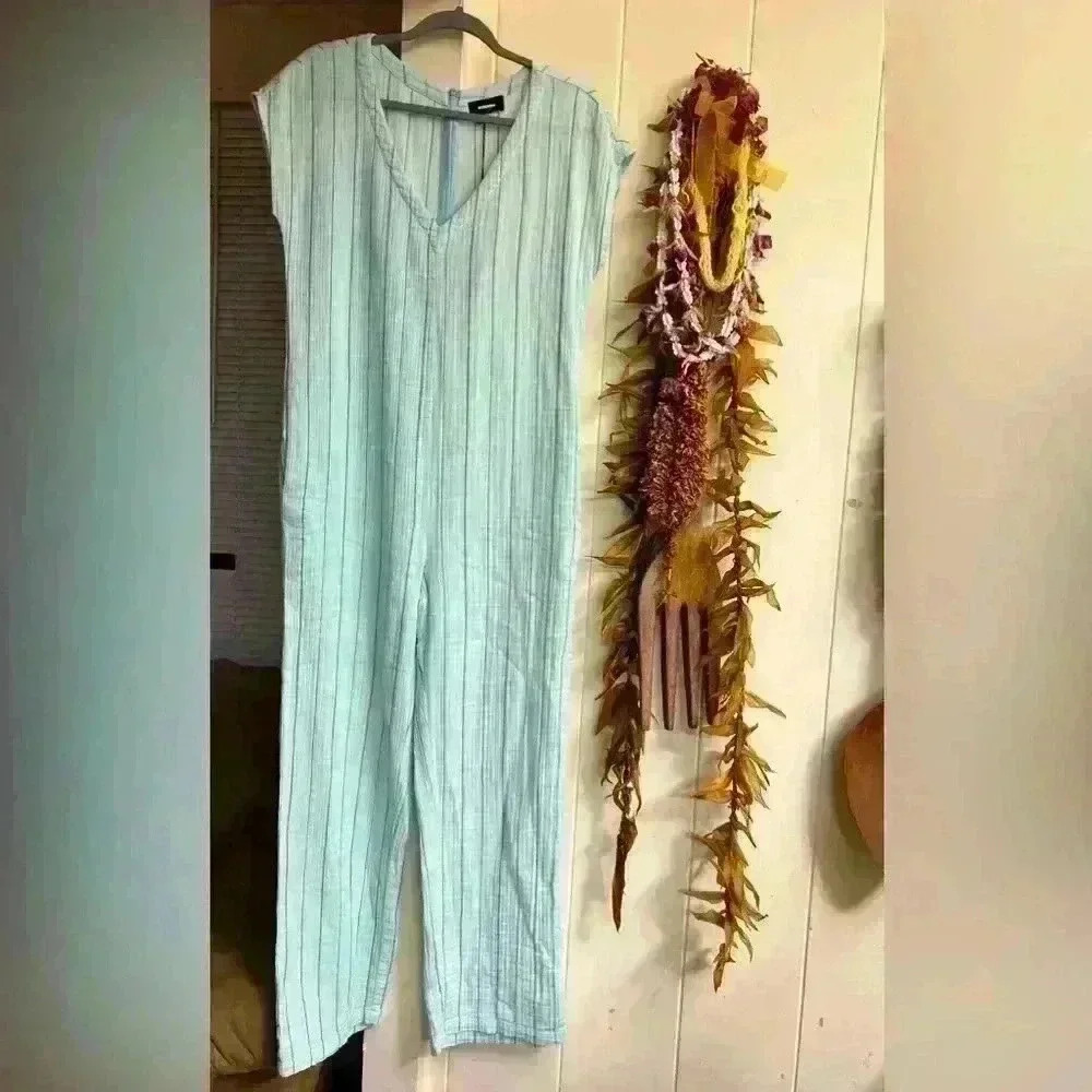 Monrow $198 Pinstripe Gauze Flowy Jumpsuit Sea Foam Teal Cover‎ Up Acacia Beachy